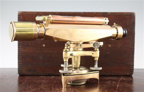 A Stanley polished brass and copper theodolite, No.45098, cica 1950s,